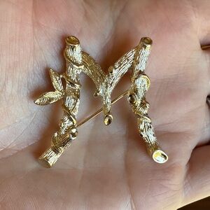 Vintage Gold Tone Branch Monogram 'M' Brooch Pin by Sarah Coventry